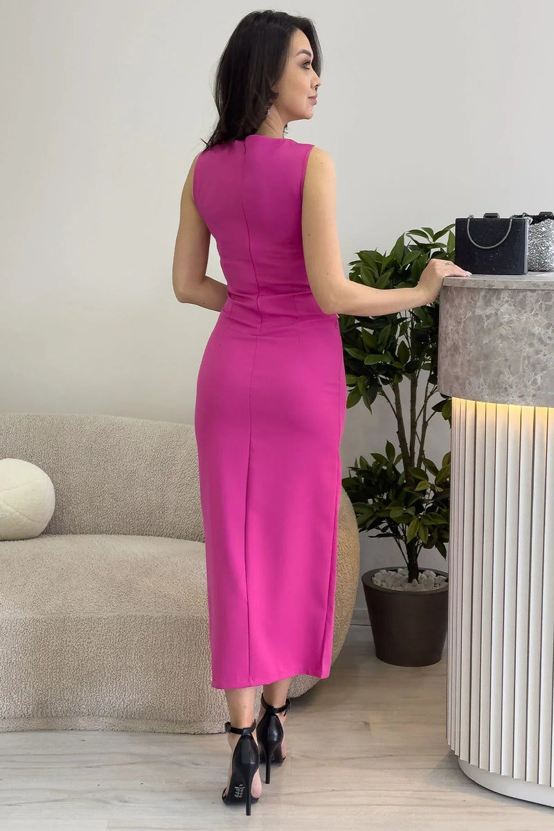 Women's Fuchsia Sleeveless Taş Detail Midi Slit Pencil Dress