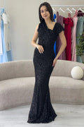 Black Sequined Fishtail Maxi Evening Dress