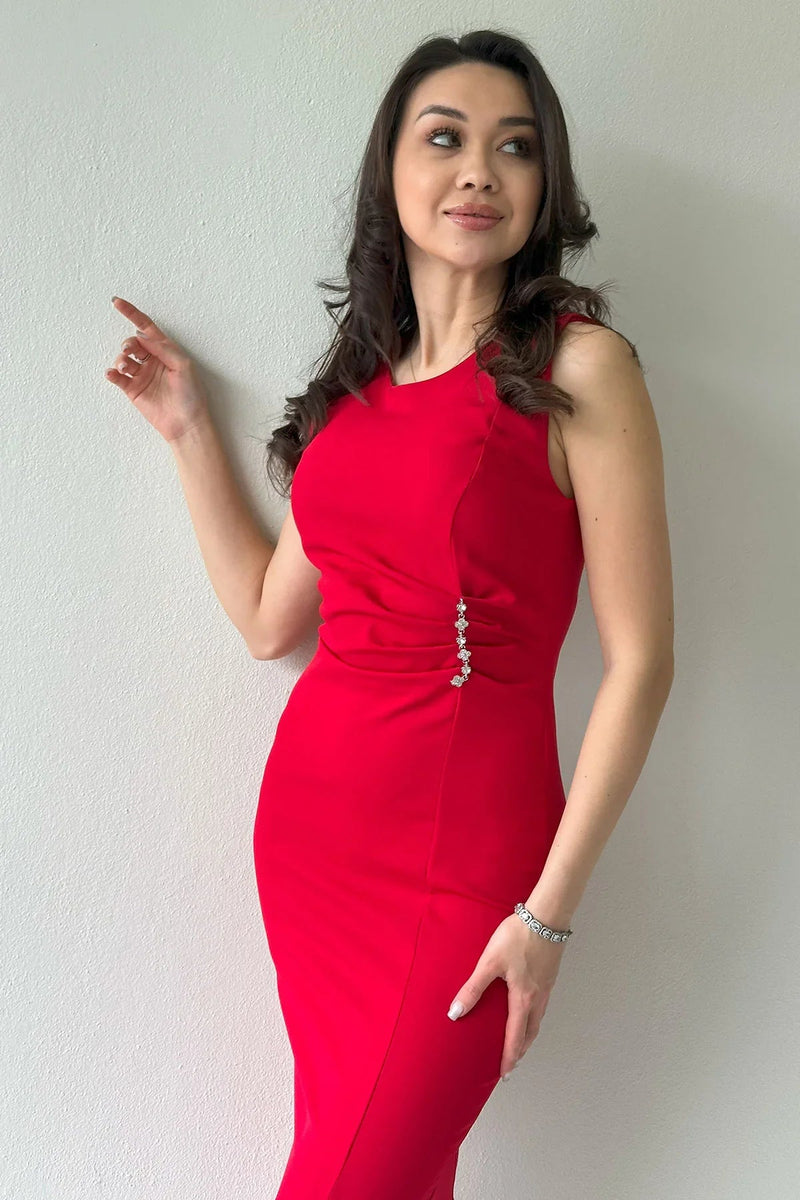 Women's Red Sleeveless Taş Detail Midi Slit Pencil Dress