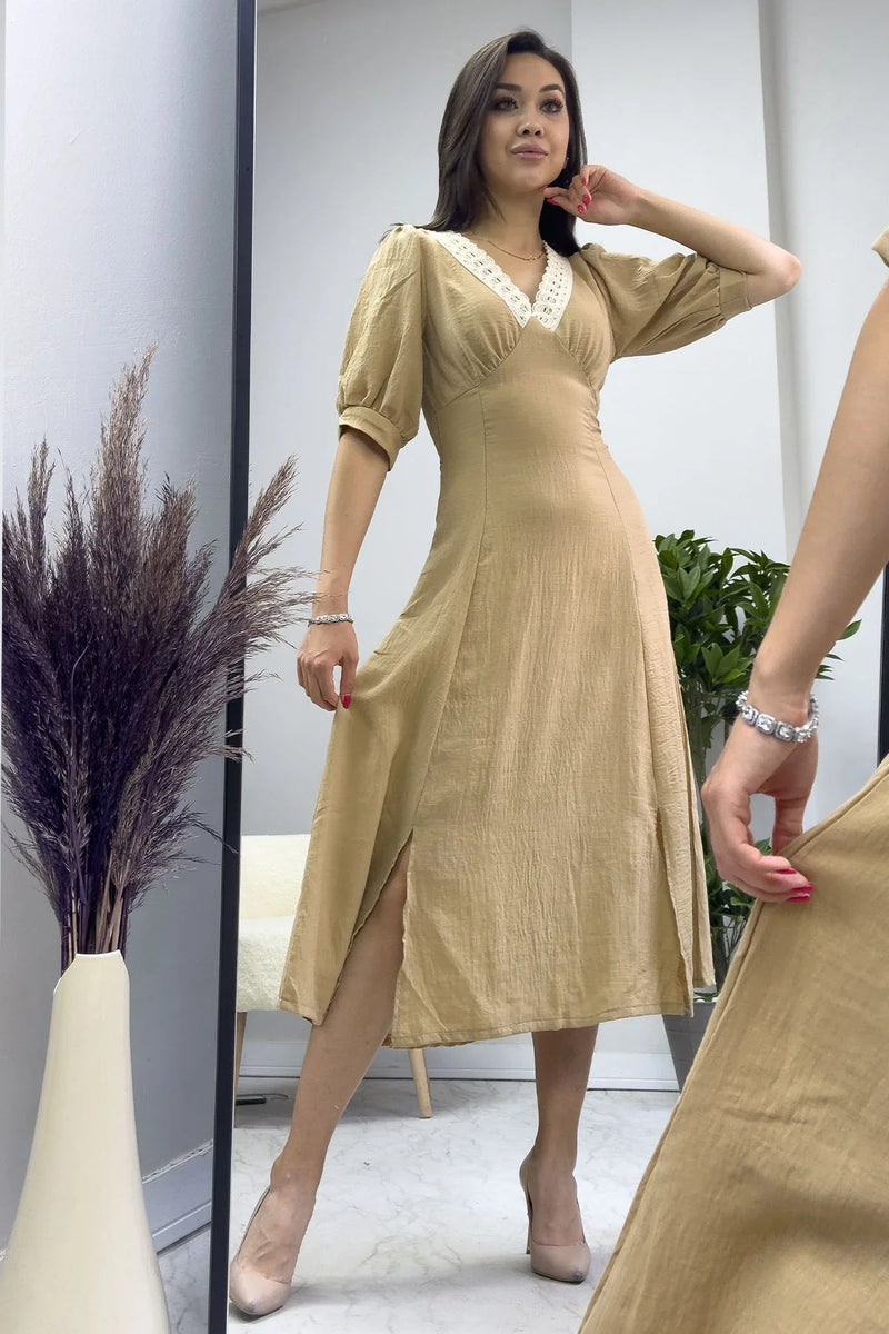 Women's Mustard Short Sleeve Midi Güpür Neck Keten Dress