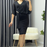 Black Crystal Embellished Volan Sleeve Glitter Evening Dress