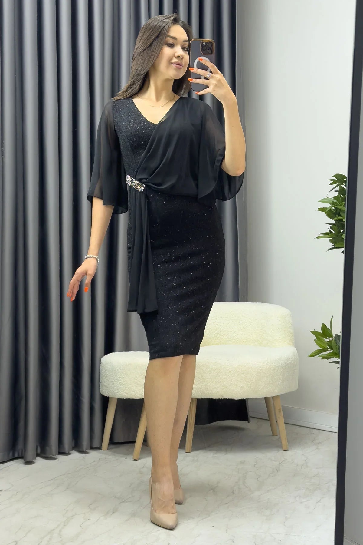 Women's Black Crystal Embellished Volan Sleeve Glitter Evening Gown