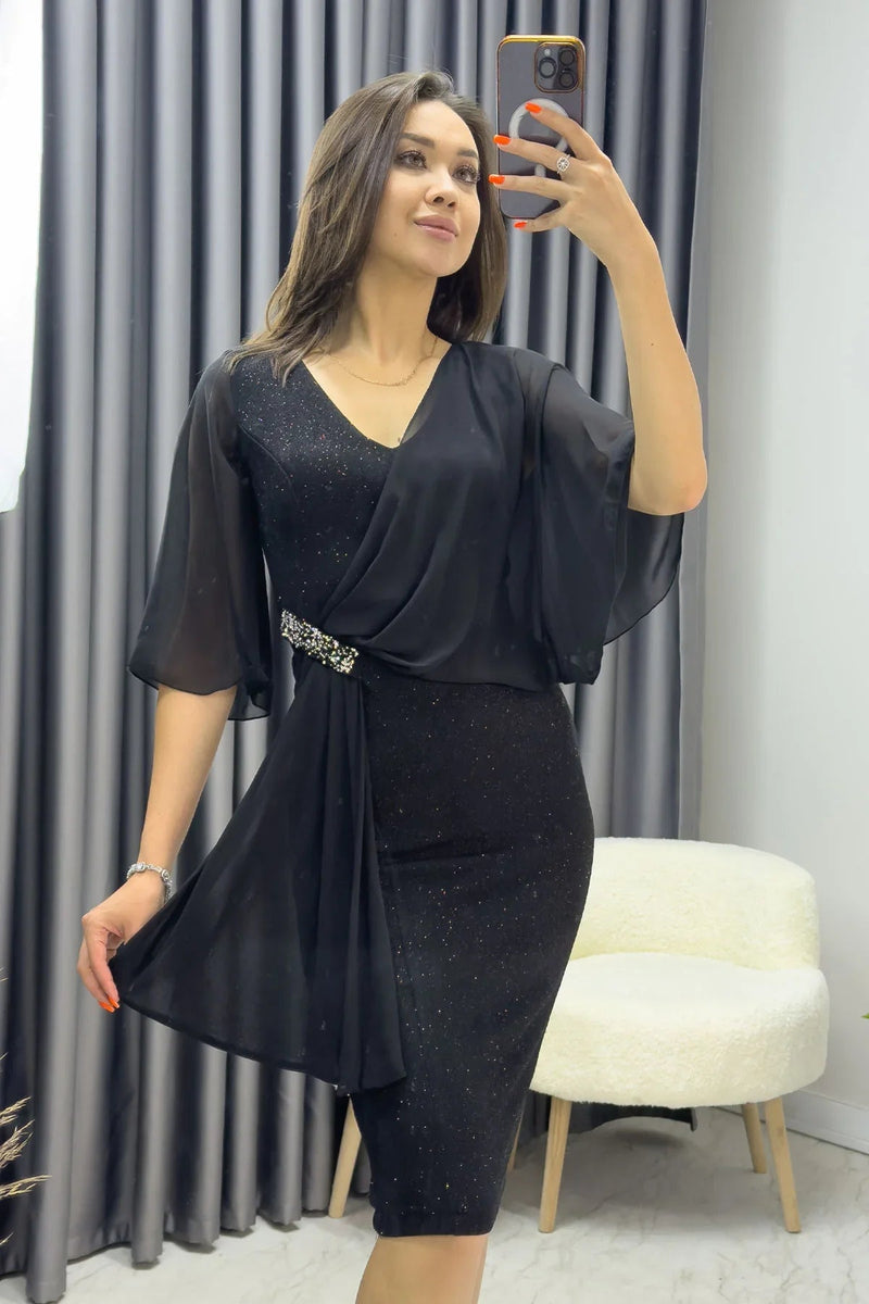 Women's Black Crystal Embellished Volan Sleeve Glitter Evening Gown