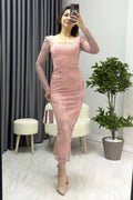 Pink Square Neck Glittery Midi-Lenght Evening Dress