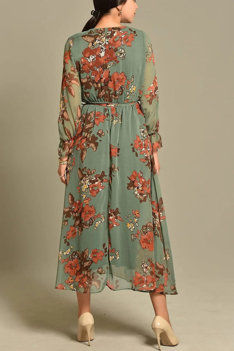 Women's Green Çiçek Patterned Wrap Neck Chiffon Plus Size Dress