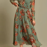 Green Floral Patterned Midi Chiffon Dress