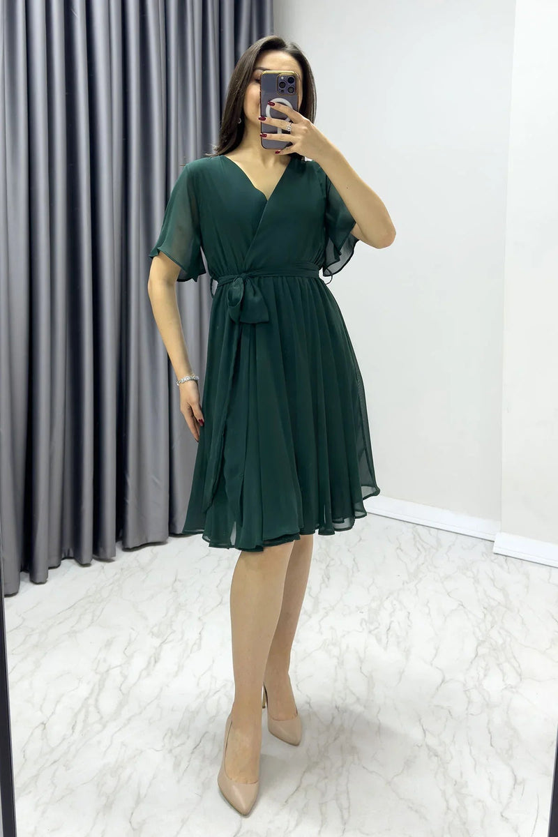 Women's Emerald Green Flared Half Sleeve Plus Size Chiffon Dress
