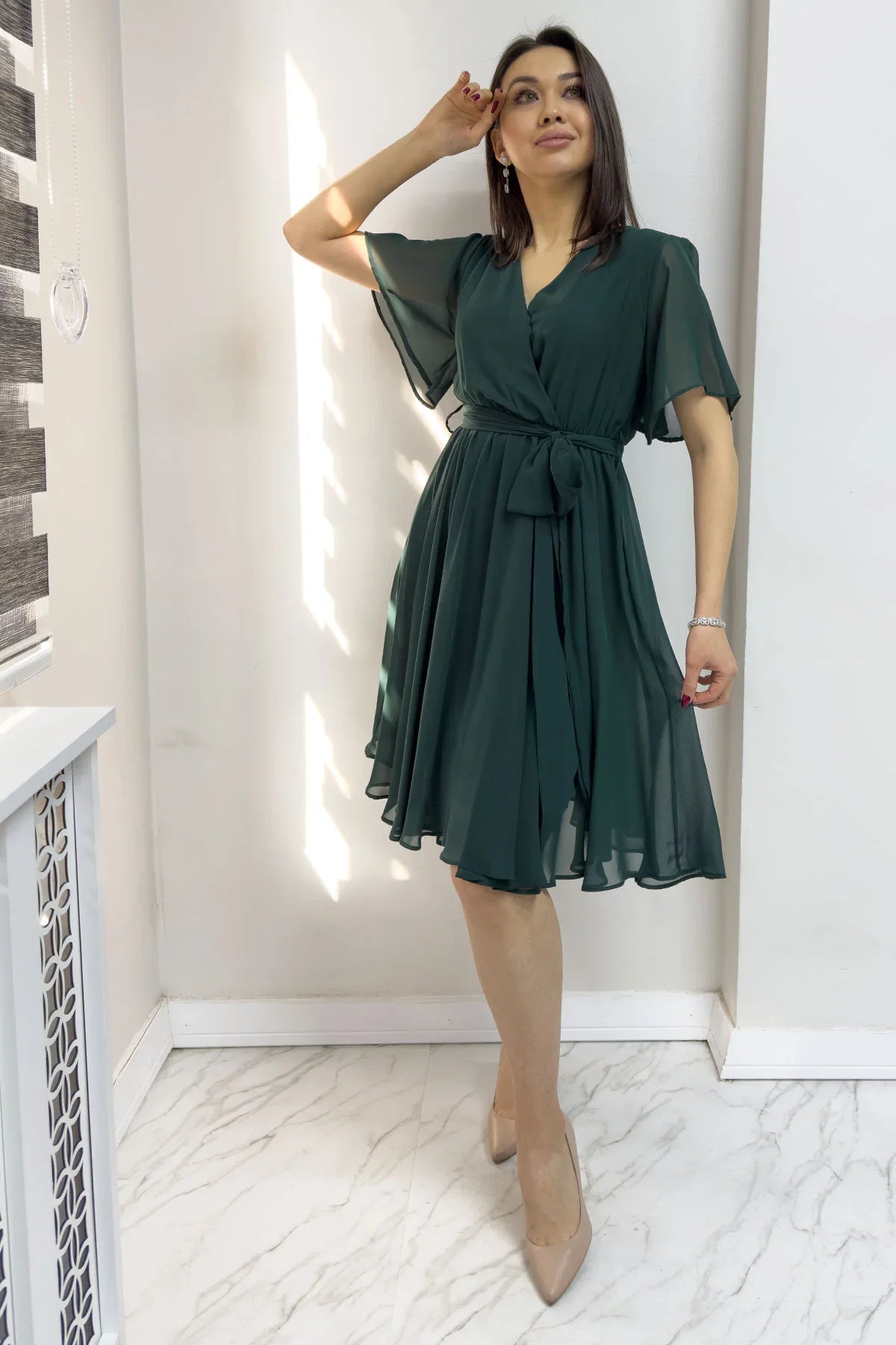 Women's Emerald Green Flared Half Sleeve Plus Size Chiffon Dress