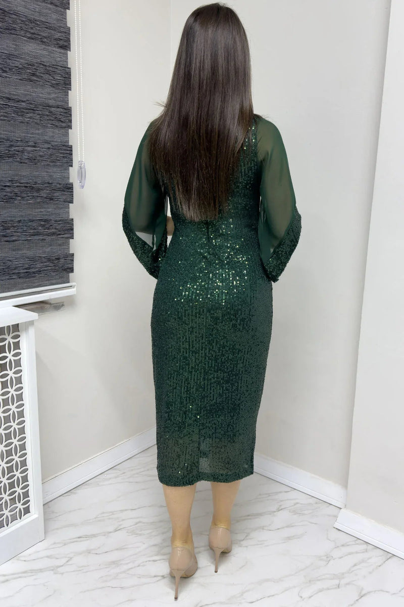 Women's Emerald Green Midi Pulpayet Chiffon Tasarım Half Sleeve Plus Size Evening Gown