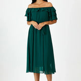 Emerald Green Ruffled Madonna Collar Plus Size Chiffon Dress
