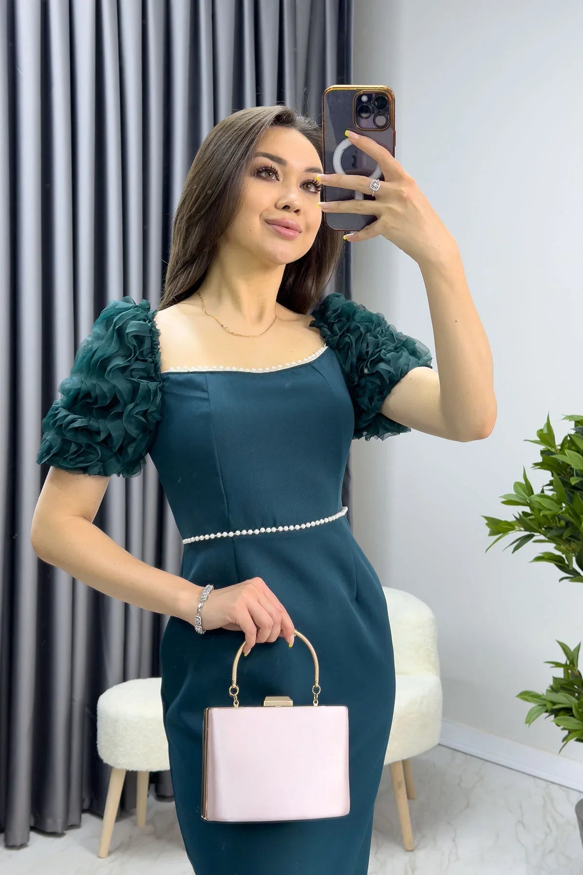 Women's Emerald Green İnci detay Pencil Prenses Sleeve Tasarım Dress