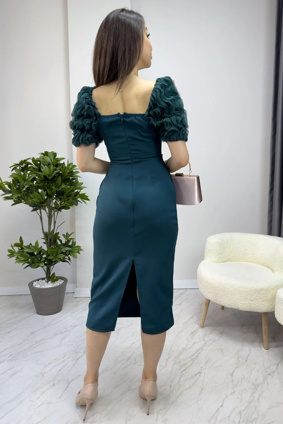 Women's Emerald Green İnci detay Pencil Prenses Sleeve Tasarım Dress