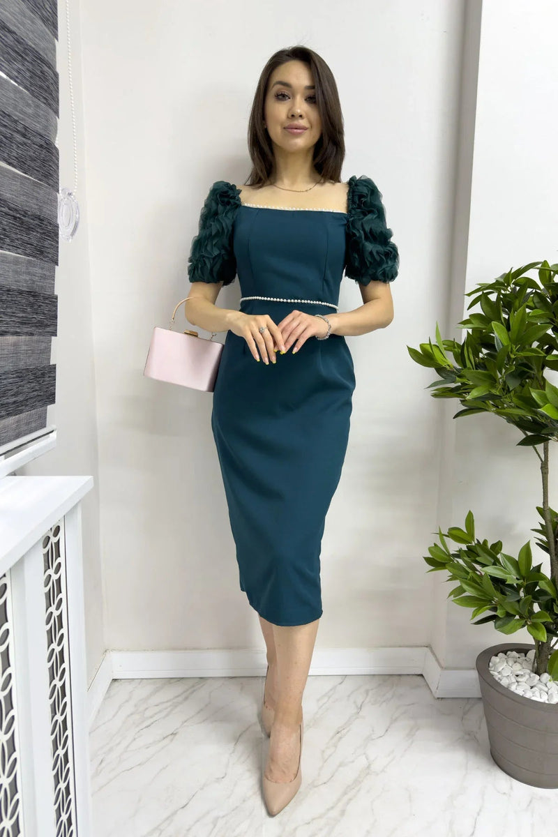 Women's Emerald Green İnci detay Pencil Prenses Sleeve Tasarım Dress