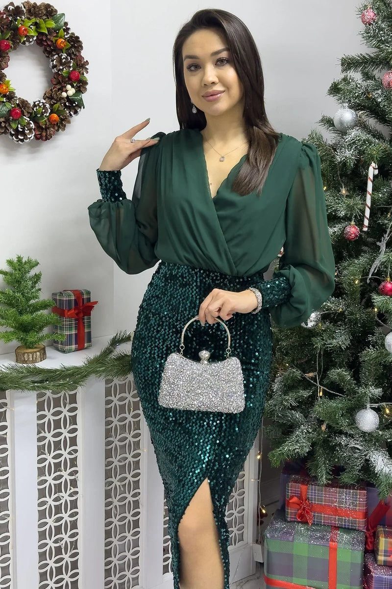Women's Emerald Green Wrap Neck Chiffon Sequin Slit Dress - the ZKS
