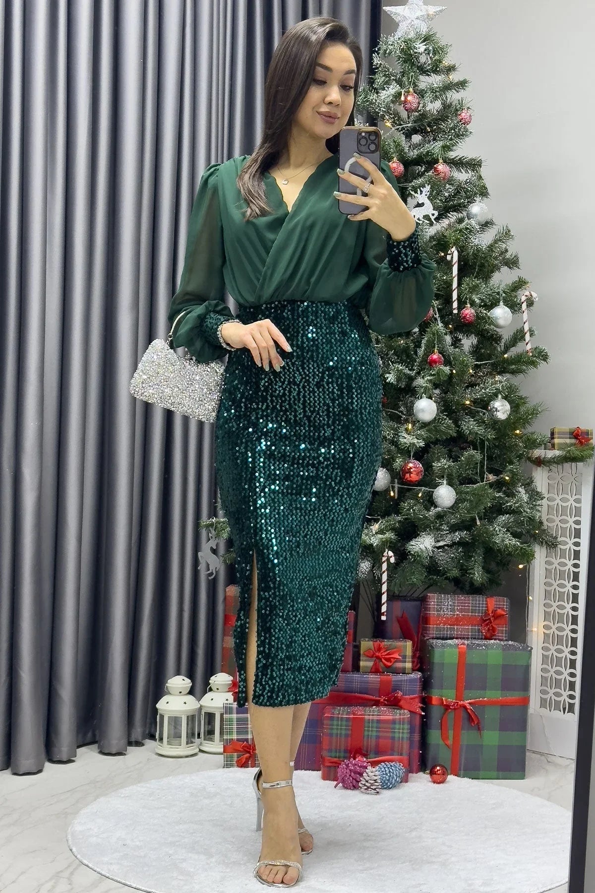Women's Emerald Green Wrap Neck Chiffon Sequin Slit Dress - the ZKS
