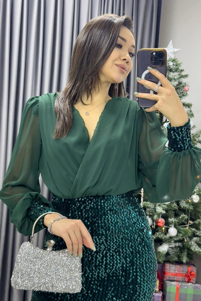 Women's Emerald Green Wrap Neck Chiffon Sequin Slit Dress - the ZKS